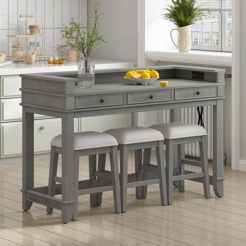 Ensemble de table de salle à manger 4 pièces rétro avec tiroirs de rangement et chargement USB, Light Grey, Light Grey