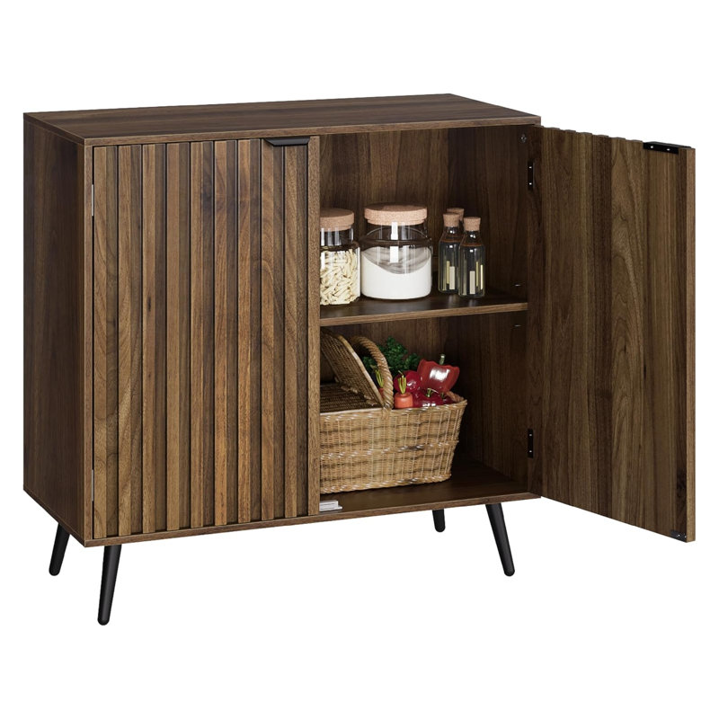 Armoire de rangement à 6 portes en noyer naturel avec tablettes réglables - Armoire de cuisine polyvalente pour salle à manger, salon et entrée