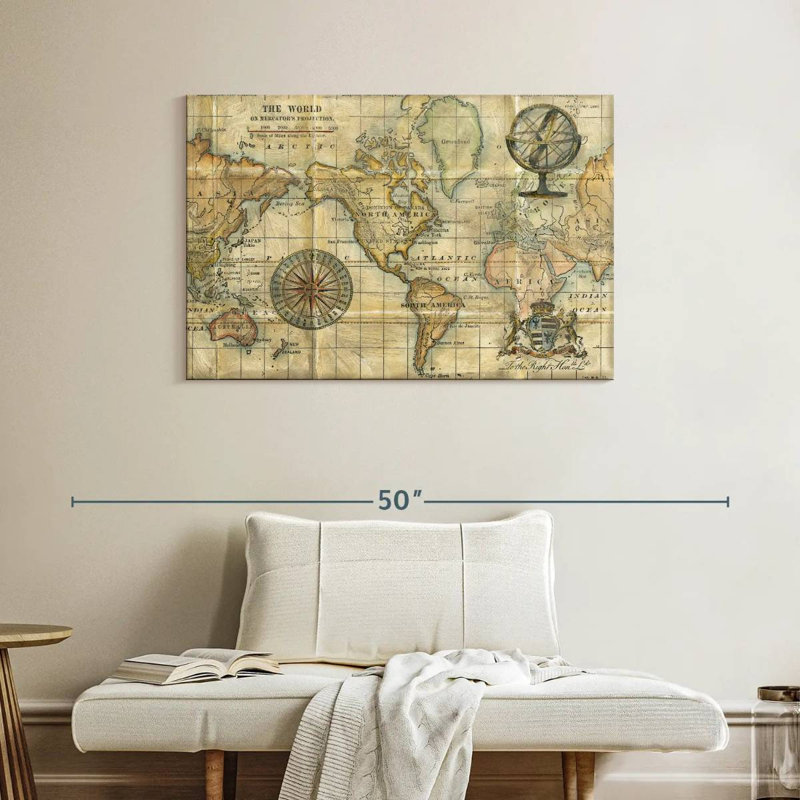 Carte du monde antique brun Aliaz, H 26 po x l 39 po