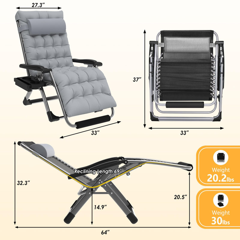 Oversized 33” Xxl Zero Gravity Chair 2Pcs Set, 500 Lbs Heavy Duty Reclining Patio Lounge Chair With Aluminum Alloy Lock, Detachable Cushion, Pillow & Large Cup Holder, Foldable Outdoor Chair