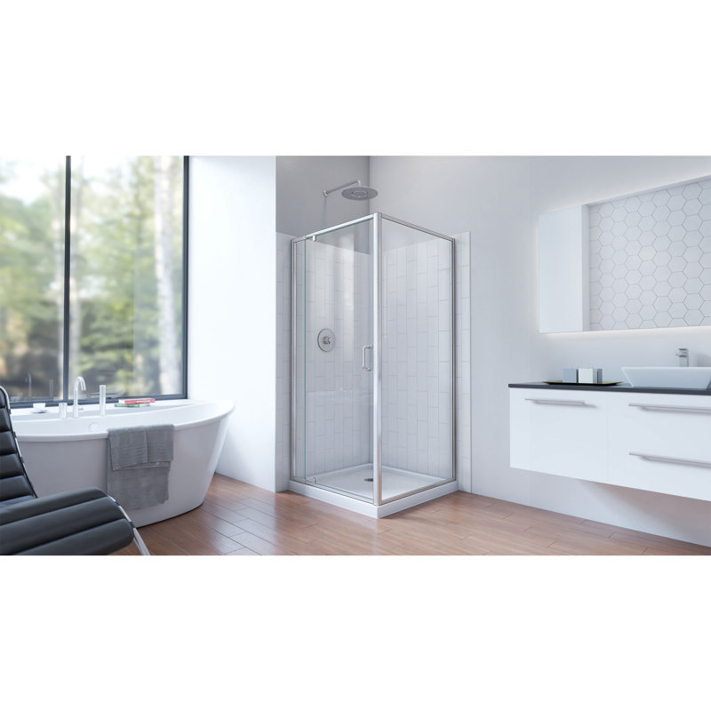 Flex 32" W x 32" D x 78" H Semi-Frameless Square Shower Enclosure with Fixed Panel and Base Included, Brushed Nickel
