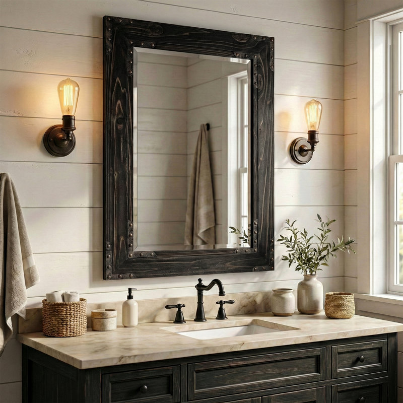 Miroir mural ferme en bois massif, 40" x 30", Noir carbonisé