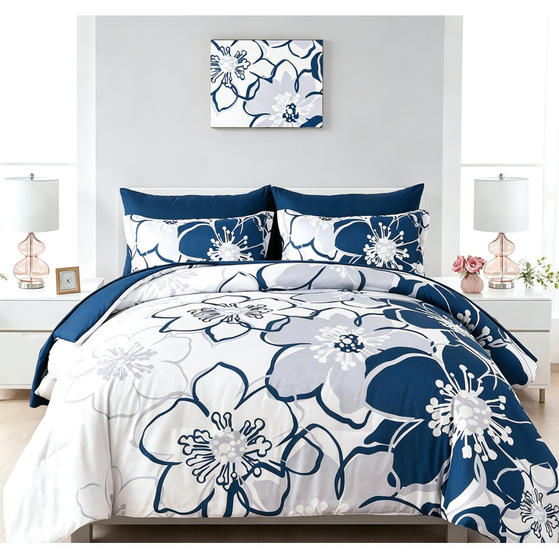 Navy Floral Comforter Set Queen 7 Piece Blue Flower Bed in a Bag