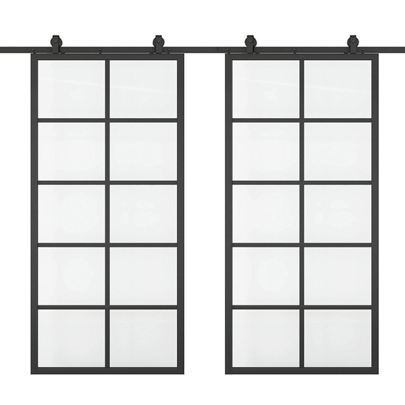 60" x 84" Clear Glass Black Double Barn Door with Hardware
