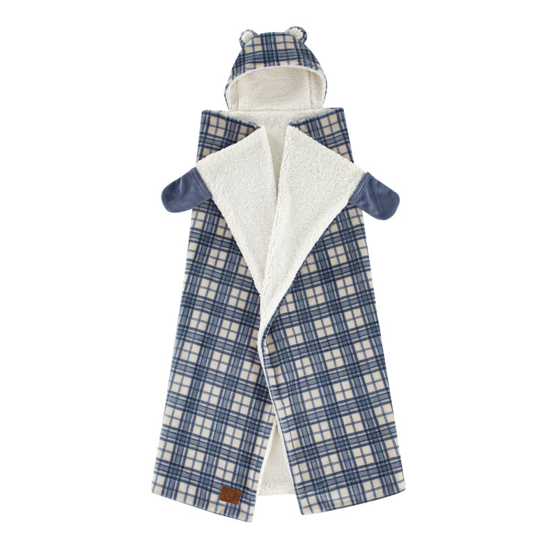 Black and White Plaid Sherpa Hooded Reversible Throw Blanket