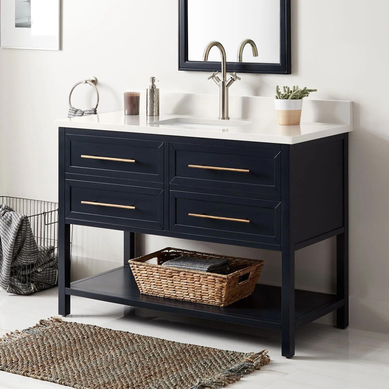 48" Robertson Single Bathroom Vanity Set with Oval Undermount Sink, Black, 8" Widespread, Feathered White Quartz
