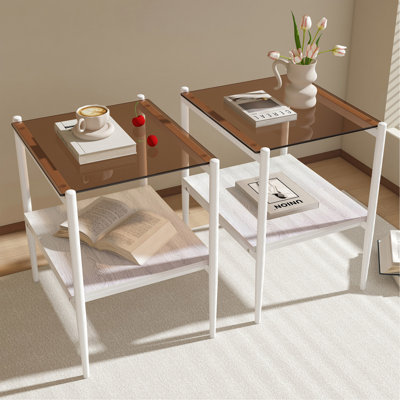 Ensemble de 2 tables de bout rectangulaires, plateau en verre trempé avec couche en bois aggloméré, table moderne pour le salon, verre brun