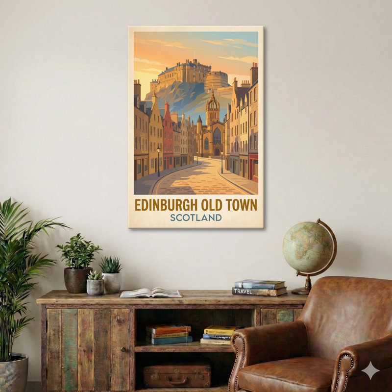 Edinburgh Old Town, Scotland - Golden Castle And Cobbled Streets Travel Poster. Giclee Print On Wrapped Canvas. Wall Art, Home Decor - Cities & Towns, Scotland - Wrapped Canvas Print