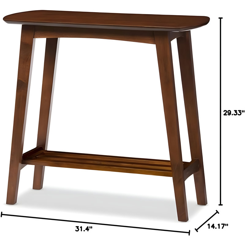 Mid-Century Modern Scandinavian Style Console Table With Slatted Shelf, Solid Rubber Wood And MDF Veneer, Dark Walnut Finish