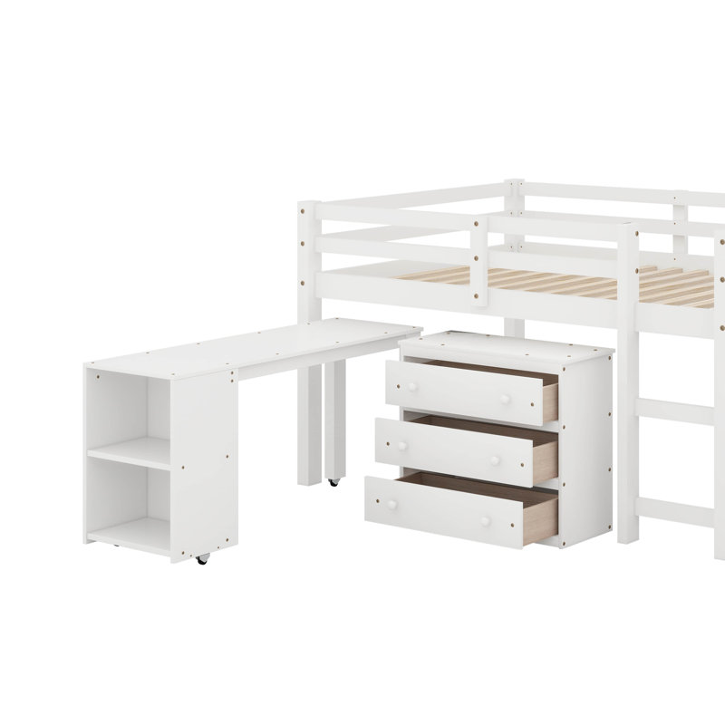 Lit mezzanine double avec armoire, tablettes et bureau