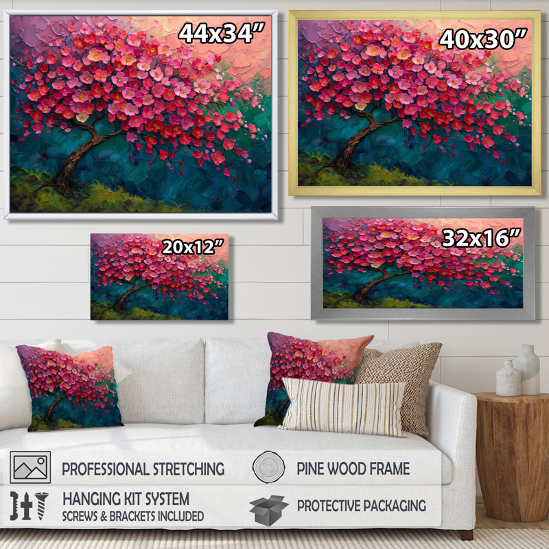 Arbre de vie rose rose et bleu vibrant - art mural cerisier en fleurs, Toile avec cadre flottant brun