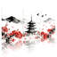 Pagode japonaise et fleur de cerisier, reproduction d'art sur toile, ensemble de 3 encres traditionnelles-796964370