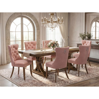 Ensemble de table de salle à manger 7 pièces comprenant une table de cuisine et 6 chaises de salle à manger en similicuir beige avec dossier capitonné - Finition noyer antique