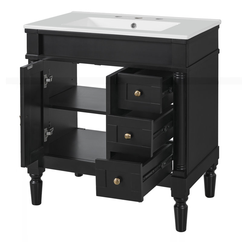 Meuble-lavabo moderne de 30 pouces avec 2 portes et 3 tiroirs, Noir