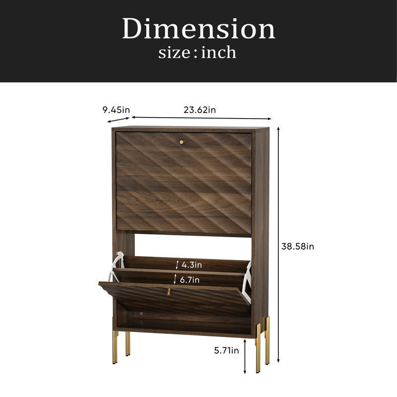 23.6 Inch Walnut Shoe Cabinet, Mid-Century Modern Freestanding Shoe Cabinet, Freestanding Organizer With Metal Legs, Suitable For Entry, Hallway And Entryway