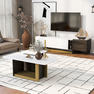Ensemble de 2 meuble télé et table basse de luxe Modern Light, console de télévision moderne, tables centrales en bois avec plateau spacieux, armoire de rangement et tablettes ouvertes réglables pour le salon