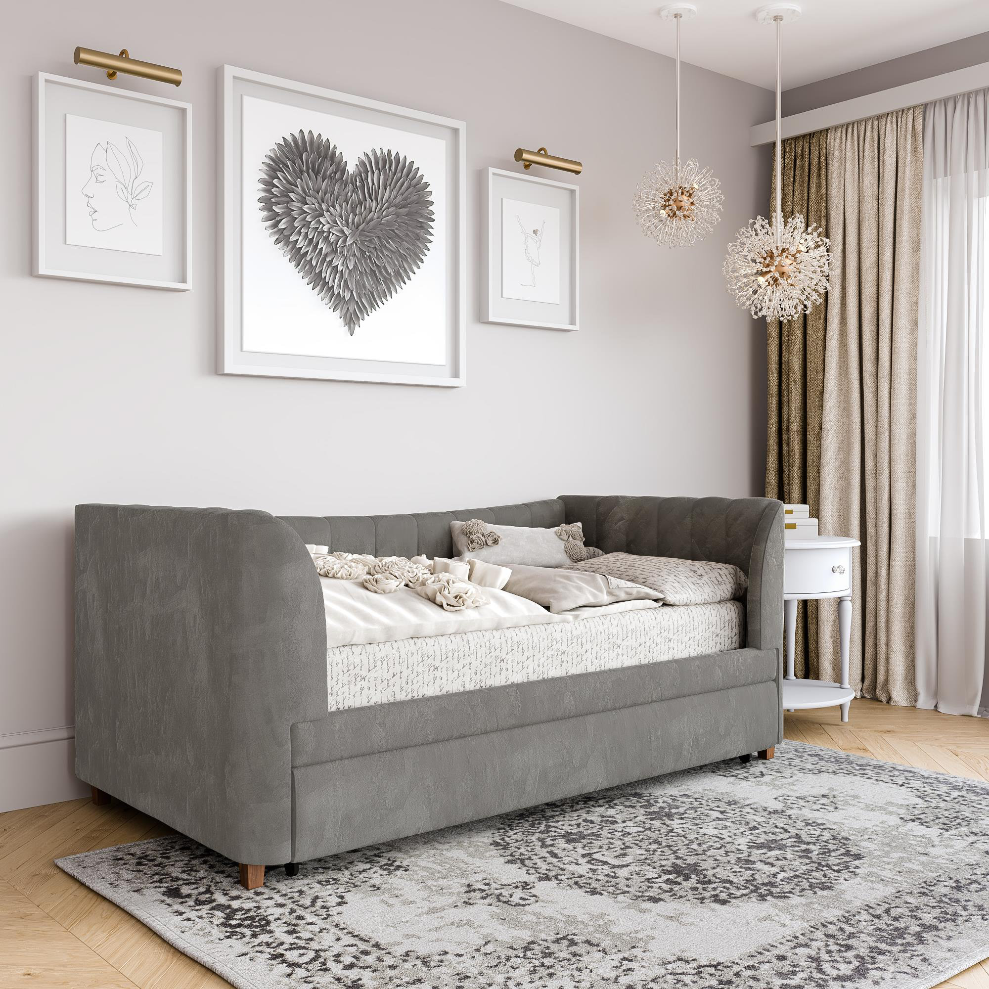 Ricketts Twin Upholstered Daybed with Trundle, Gray