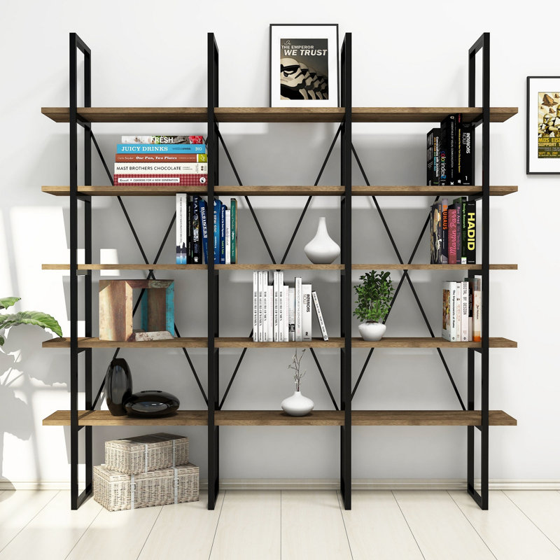 Modern Industrial Bookshelf, Walnut & Black, 63.0 x 63.0 x 10.2 inches | 100% Melamine Coated Particle Board, Thickness: 0.7 inches | Metal Frame, Wall-Mountable, Numerous Shelves for Additional Storage