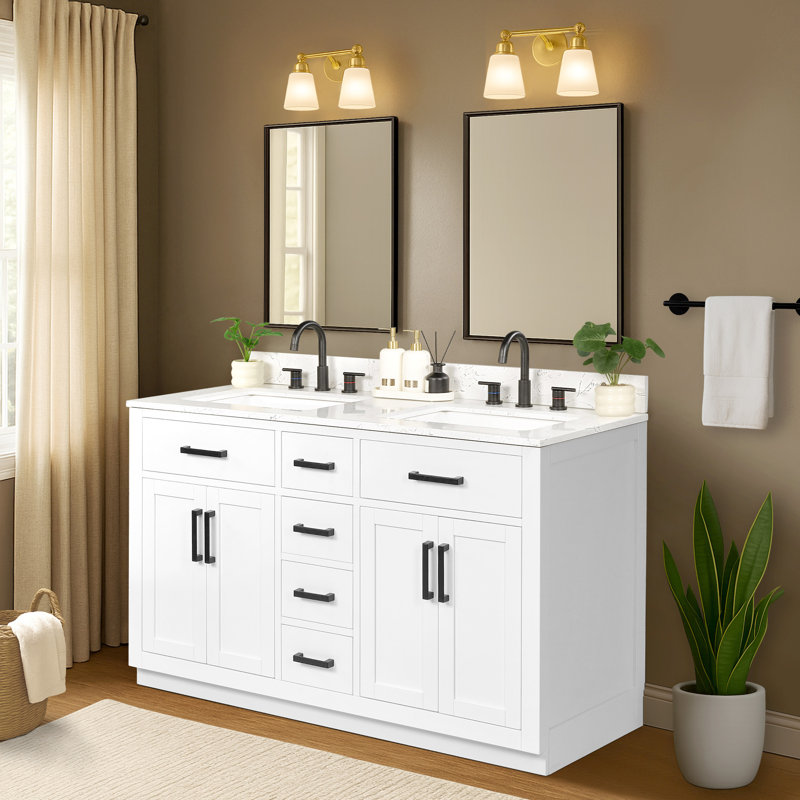 54'' Double Bathroom Vanity with Drawers, Shelf, Outlet, and Engineered Marble Top, White, 54''