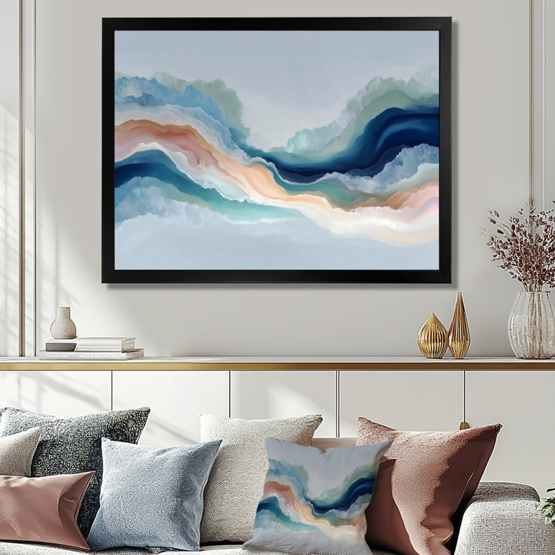 «White Blue River Fragments», art sur toile à encre liquide, art abstrait doré, H 30 po x l 40 po, Cadre photo unique, Noir