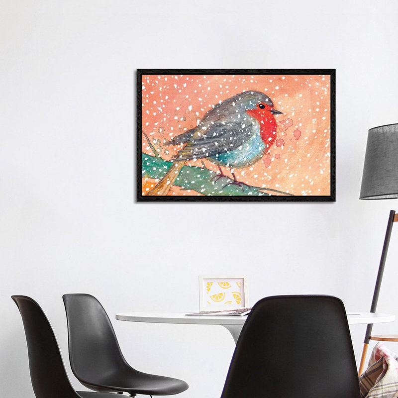 Robin In Winter by The Cosmic Whale - Floater Frame Gallery-Wrapped Canvas Giclée on Canvas, 66.04 cm H x 101.6 cm W, Black