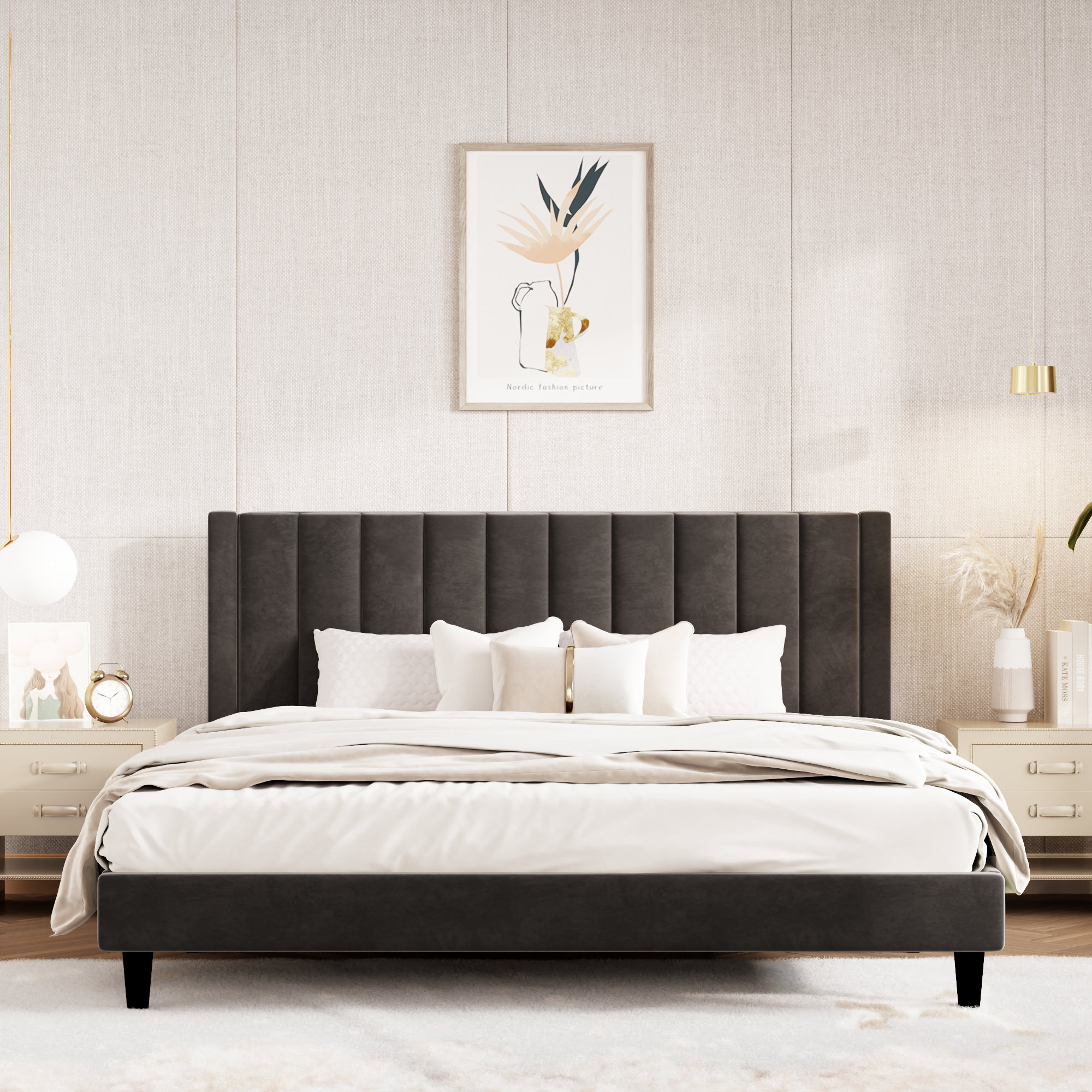 Mercer41 Stauton Upholstered Platform Bed with Velvet and Striped ...