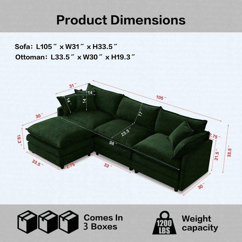 Canapé modulaire en L 105 po avec repose-pieds en chenille de 105 po, canapé de salon 3 places, Vert