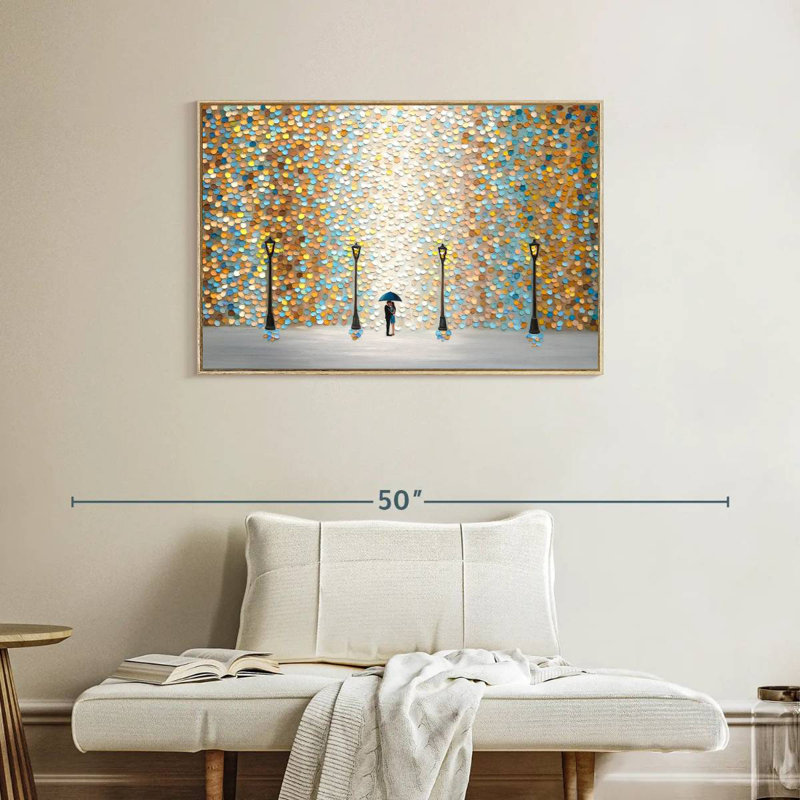 Baiser sous la pluie dorée, Cadre flottant en bois naturel, 37 po x 25 po