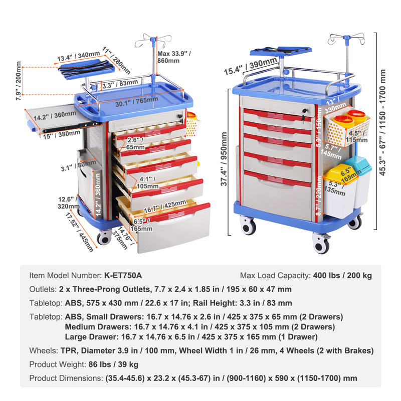 5 Tiers Lab Carts Mobile Medical Cart with 5 Drawers & 2 Trash Cans Blue, Trolley Storage Cart with PP Material