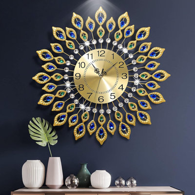Élégante grande horloge murale avec motif en forme de soleil levant, mouvement à quartz silencieux, chiffres arabes modernes pour le salon et la décoration intérieure