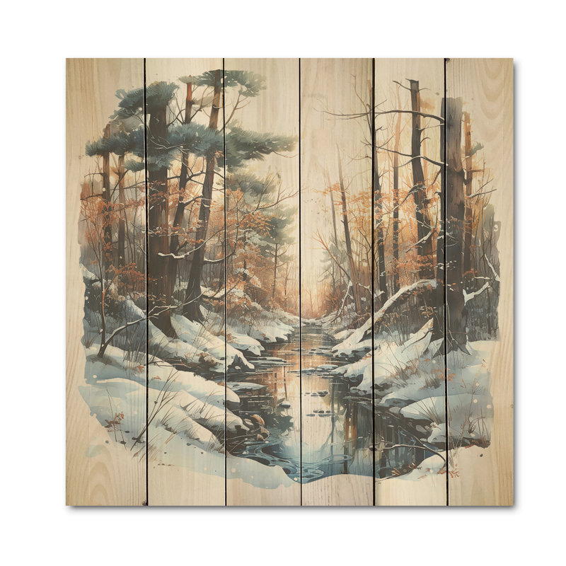 Rivière en forêt, paysage d'hiver I - forêt, art mural sur bois de pin naturel, H 36 po x l 36 po