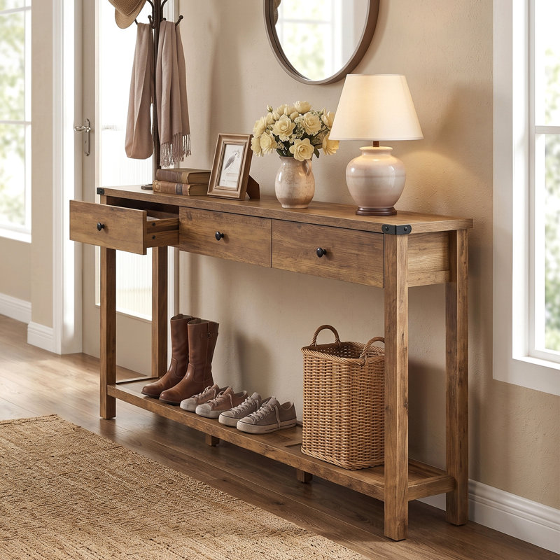 Sahai 63.4" Console Table with 3 Drawers, Honey Brown, 30.3'' H x 63.4'' W x 9.8'' D