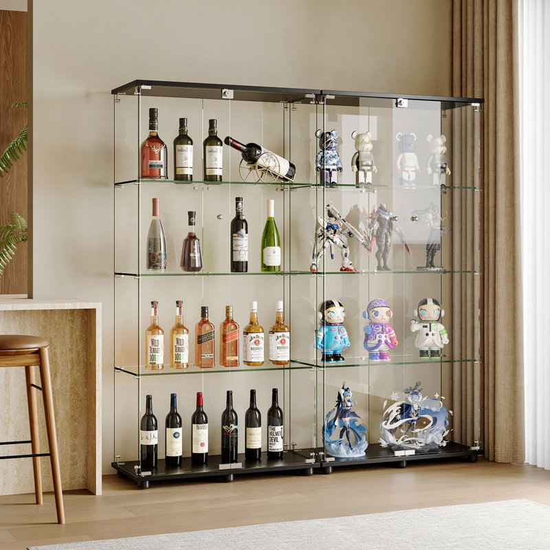 Vitrine en verre avec portes doubles à 4 tablettes et serrure, bibliothèque sur pied en verre trempé de 5 mm