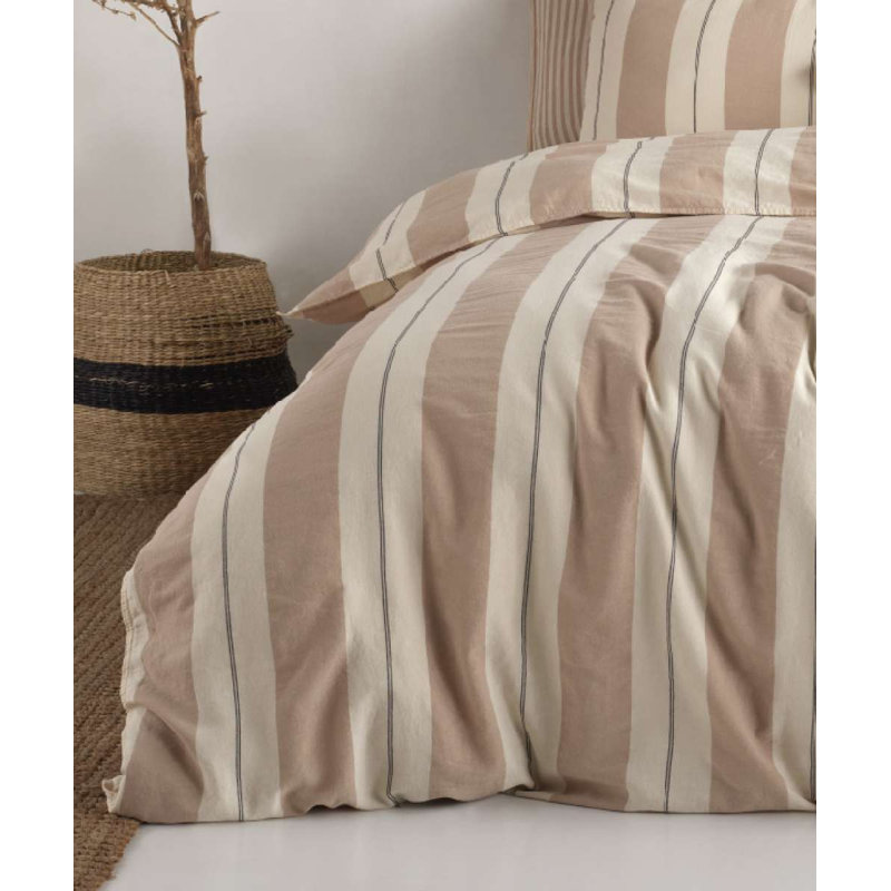 Premium Ranforce King Quilt Cover Set, 100% Cotton, Beige & Cream | Duvet Cover: 94.5 x 86.6 inches, 2 Pillowcases: 23.6 x 23.6 inches | Yarn Dyed, Garment Wash, Machine Washable at 104°F, Soft and Durable