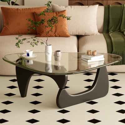 Triangle Glass Coffee Table With Wooden Base, Mid-Century Modern Tempered Glass Top Coffee Table For Living Room