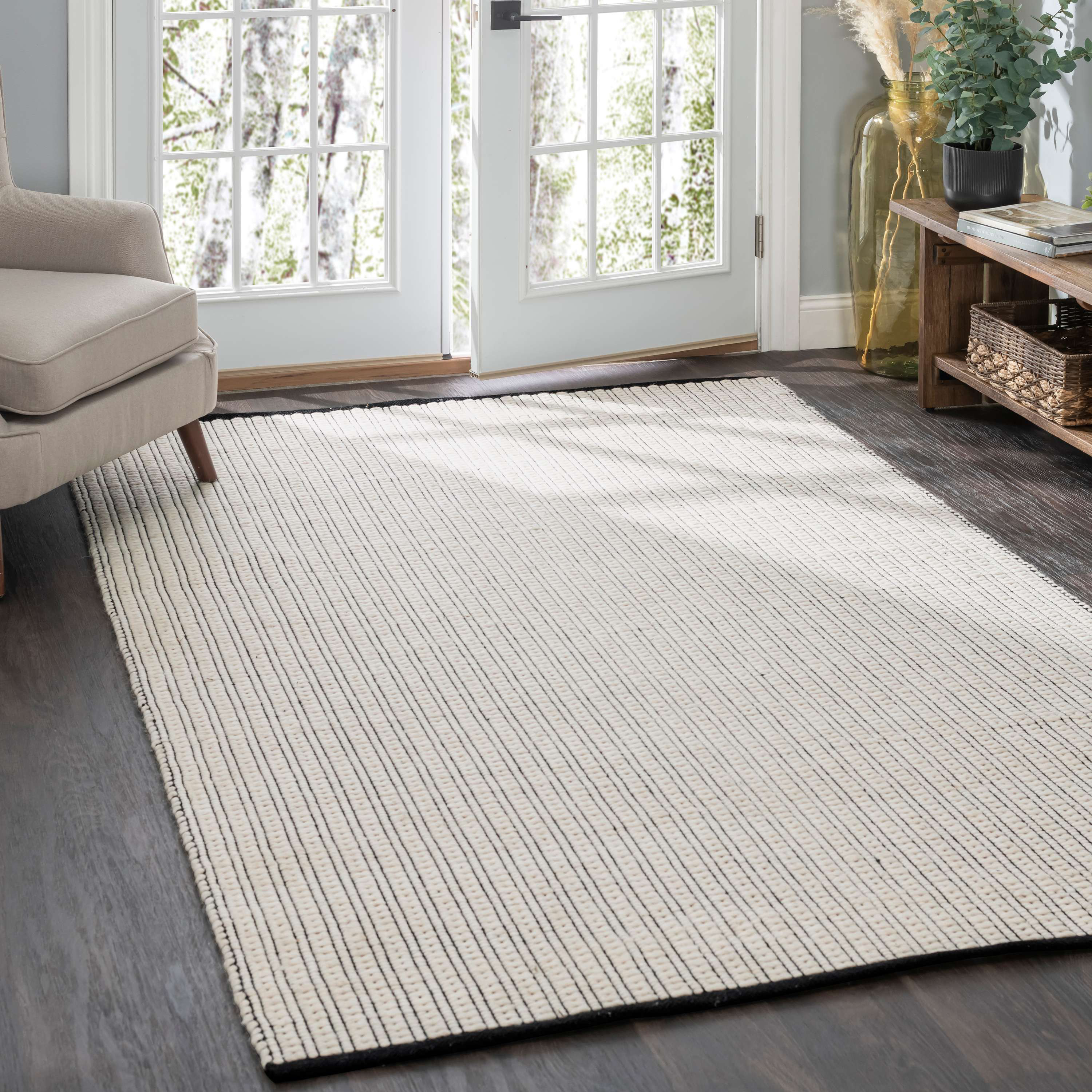 Home Conservatory Ribbon Ivory/Black Handwoven Wool Rug - Wayfair Canada