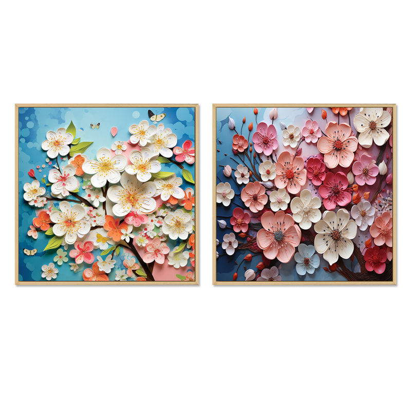 Collage de fleurs de pommier rose IV - ensemble de 2 collages floraux carrés, Cadre flottant brun, H 30 po x l 61 po