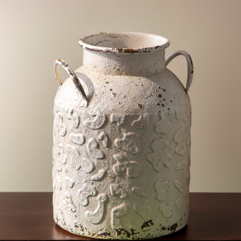 White Distressed Metal Double-Handled Tabletop Vase