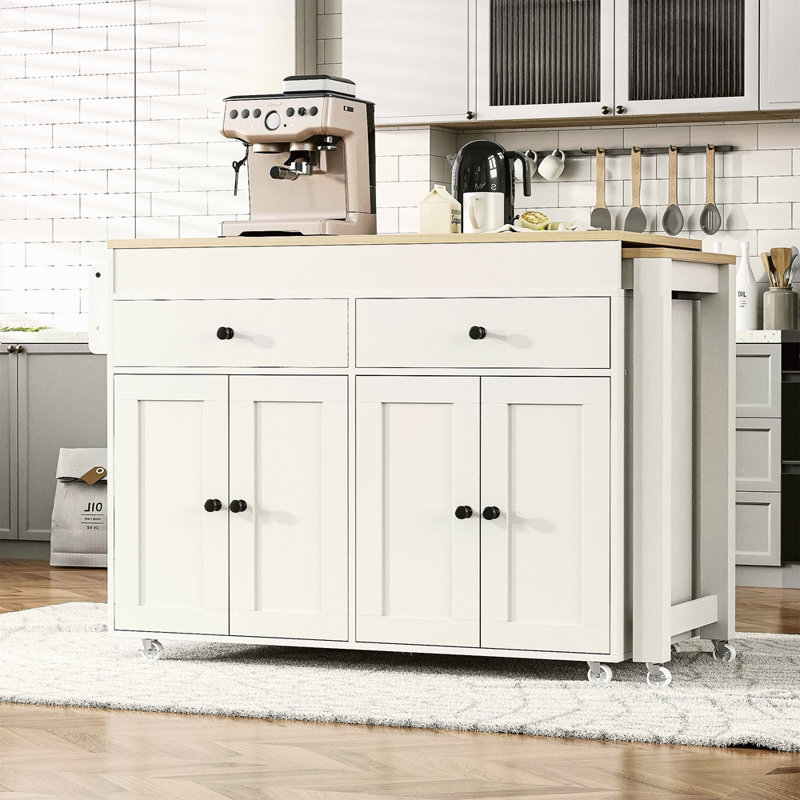 Îlot de cuisine 74,5 pouces avec table de salle à manger extensible, îlot de cuisine sur roulettes avec support à épices et 2 tiroirs, armoire à 4 portes, pour la cuisine, la salle à manger (un paquet)