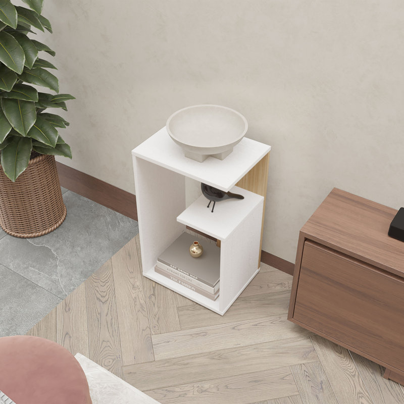 Table d'appoint Vega en mélamine avec rangement ouvert, blanc et chêne clair, Blanc/naturel