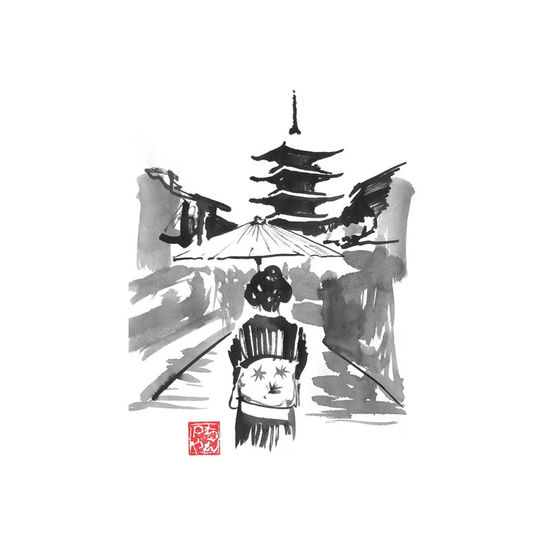 «Geisha and Pagode» par Péchane, reproduction d'art sur toile tendue, H 60 po x l 40po x P 1,5 po