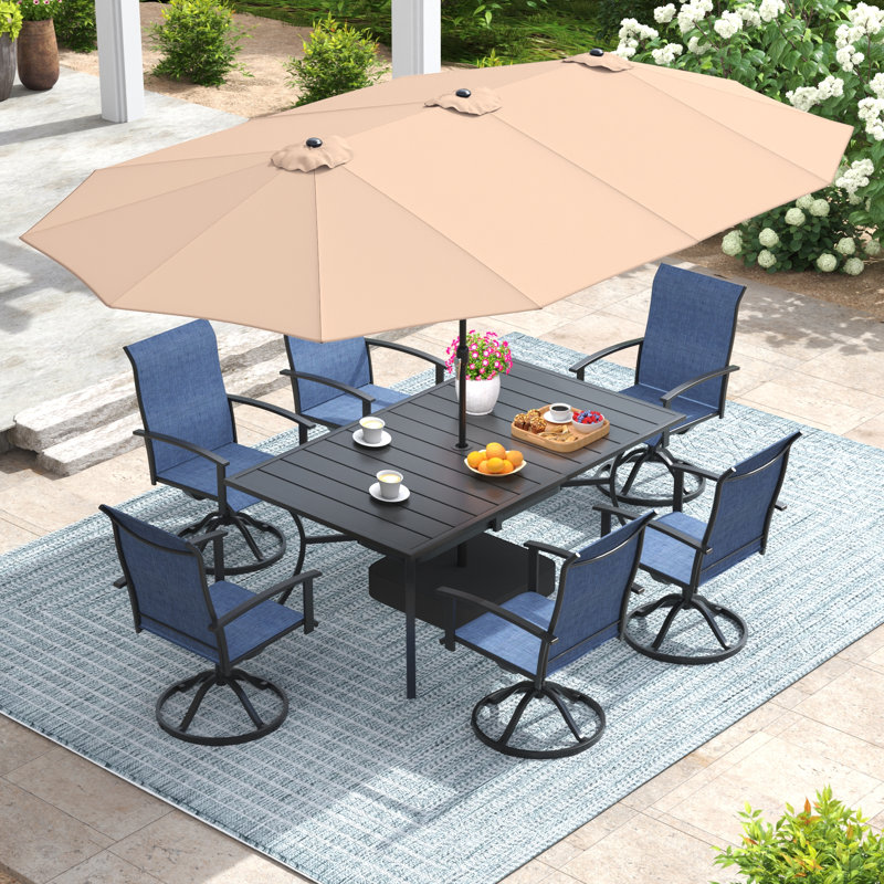 6-Person Rectangular Patio Dining Set With Umbrella & Textilene Swivel Chairs, Bleu / Beige