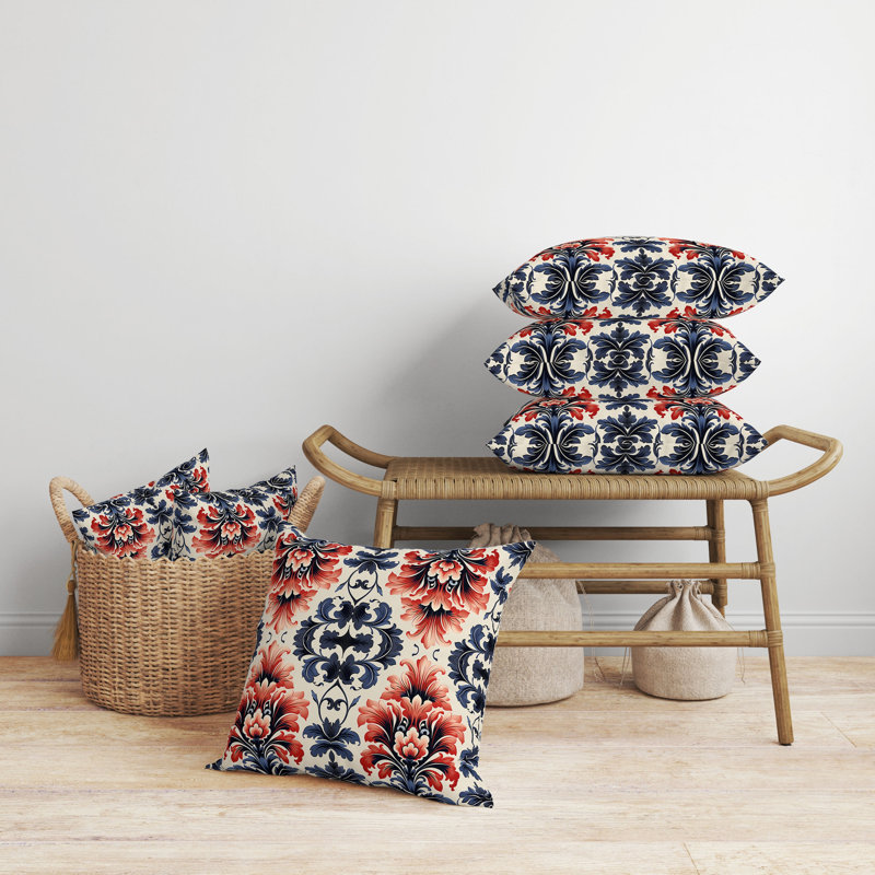 Red and Gray Faux Suede Damask Reversible Throw Pillow, 16" x 16"