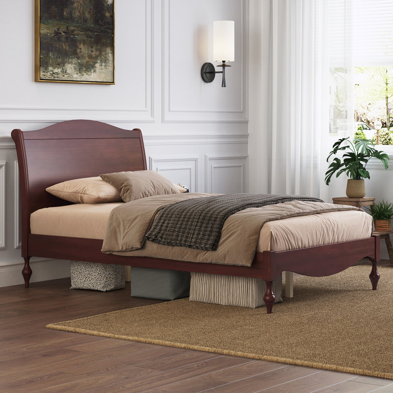 Cadre de lit double en bois avec tête de lit, lit plateforme rétro, Double, Noyer foncé