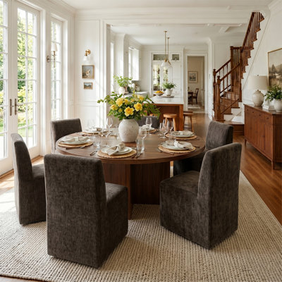 7-Piece 60" Round Dining Table Set With 6 Fully Assembled Upholstered Chairs On Casters