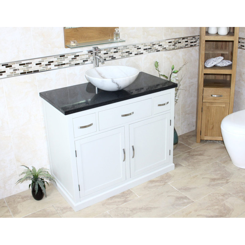 Rodger 1000mm Single Bathroom Vanity with Vessel Stone Basin, Black Quartz, White, White