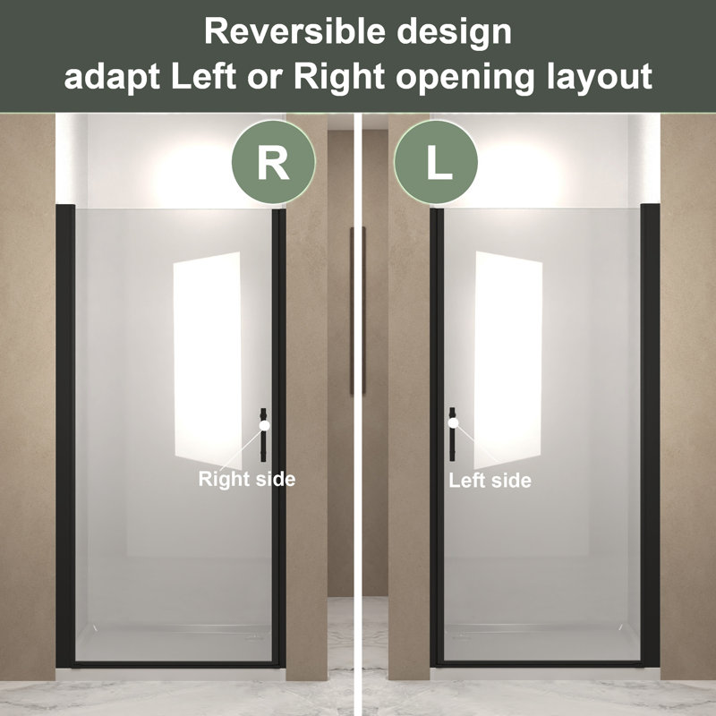 30"x 72" Matte Black Aluminum Half-frame Pivot Shower Door