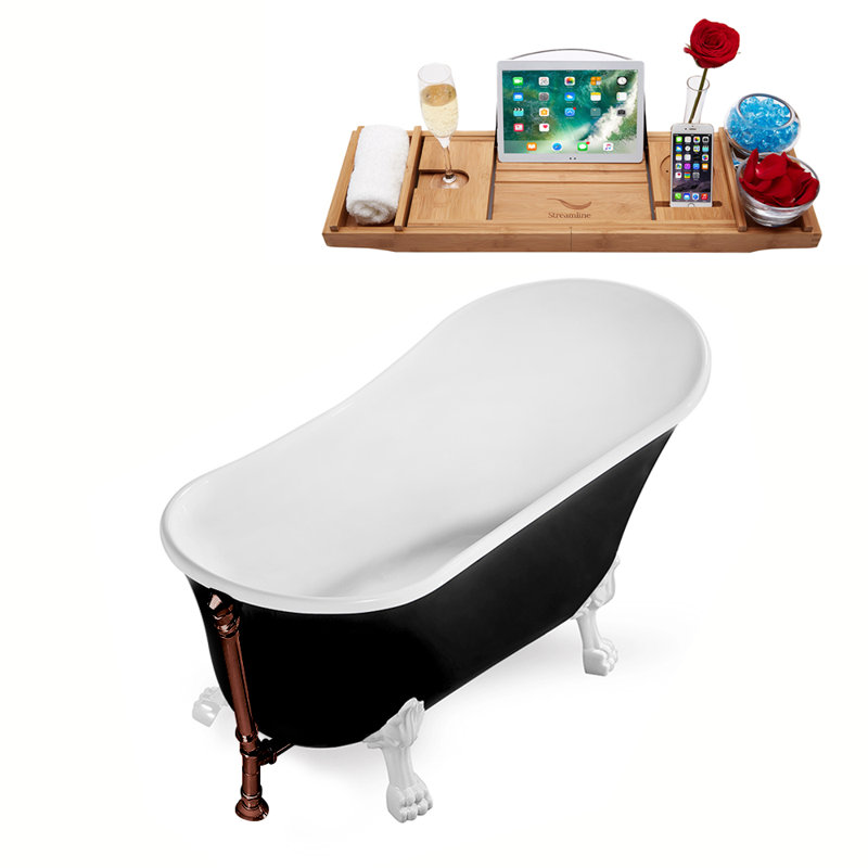 Baignoire de trempage sur pieds 59 "avec drain, pattes et plateau en bambou 59" Streamline, Bronze huilé mat, Blanc lustré
