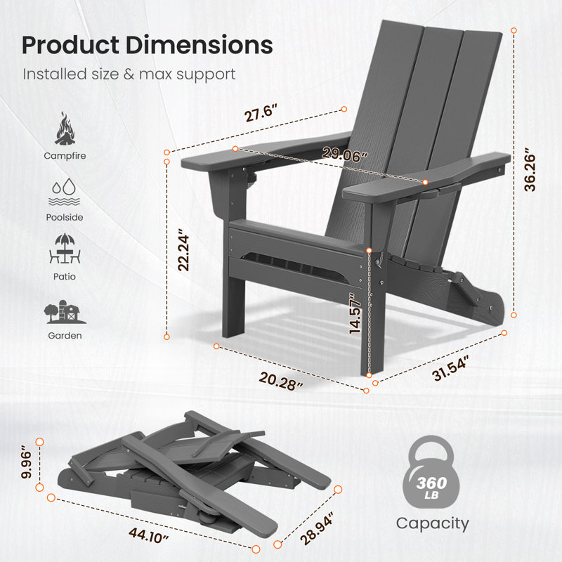 Chaise Adirondack pliante Wolak avec porte-gobelet, Gris foncé