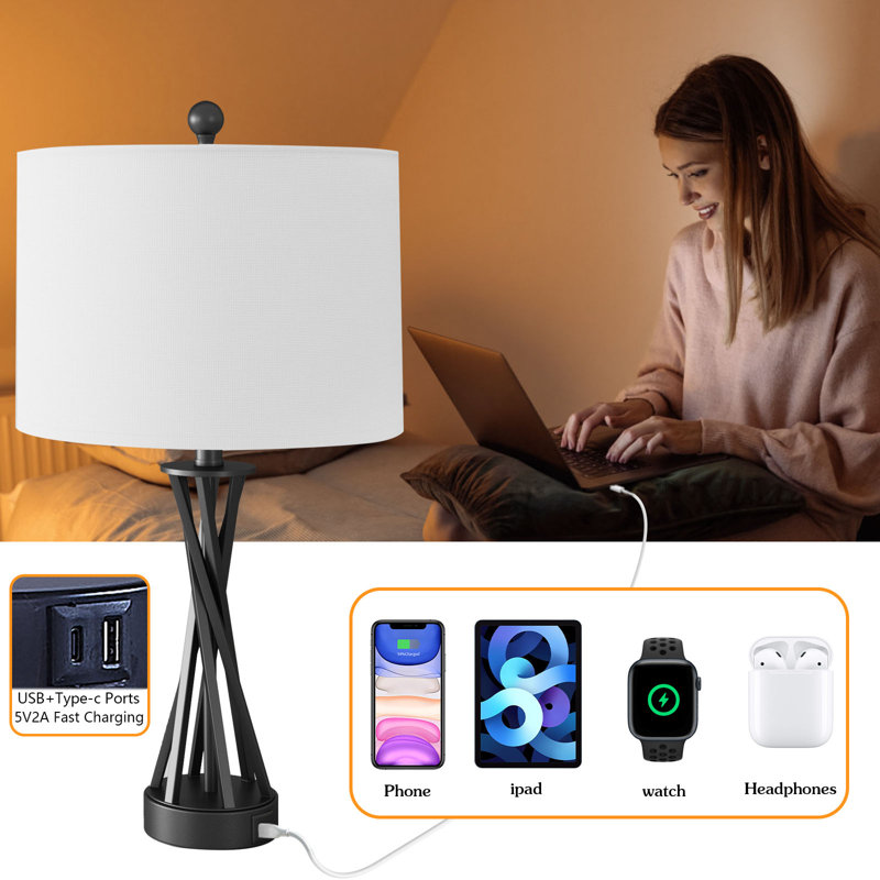  24" Modern Black Metal Table Lamp with USB Type-C Ports and Linen Shade, Black